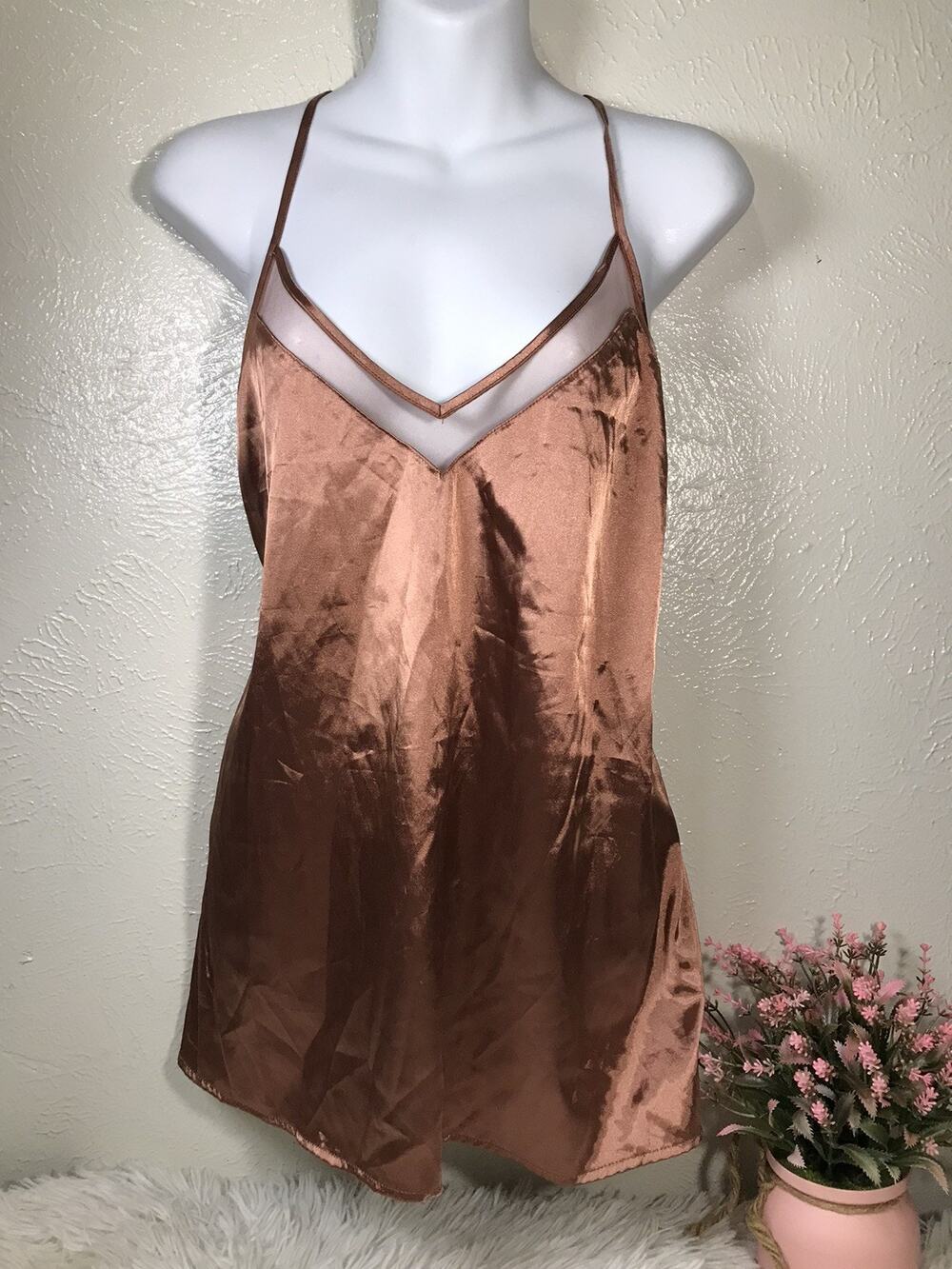 Ekouaer Satin Silk Feel Pajama Cafe Mocha Women Lingerie Camisole Strappy Sz XXL